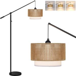 UpgradedArc Dimmable Floor Lamps with Adjustable Swing Arm, 1100 Lumens Bulb Included, Modern Boho Standing Lamp with Rattan & Fabric Shades, Farmhouse Tall Floor Lamp for Living Room Bedroom, Black (Bohemian-Matte Black)