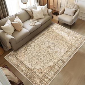 4x6 Area Rugs Machine Washable Vintage Floral Boho Rugs Non Slip Stain Resistant Low Pile Soft Faux Fur Carpet Rug for Living Room Bedroom Patio Dining Room Home Office Kids Room,Sand Beige