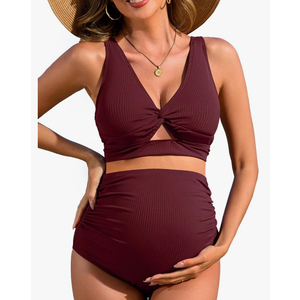 Charmo Maternity Swimsuit Ribbed High Waist Pregnancy Bikini Sets Twist Cutout Front Two Piece Bathing Suit Swimwear 2 XL