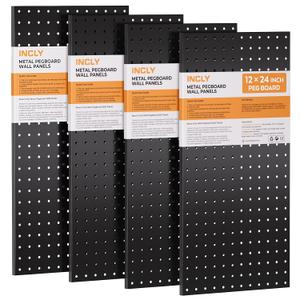 INCLY 4 Pack Peg Board, 12"x24" Upgrade Thicker Heavy Duty Metal Pegboard Panels, Black Pegboard Wall Organizer, Peg Board Panels for Walls Home, Garage Tools Storage, Shed, Craft Room, Kitchen
