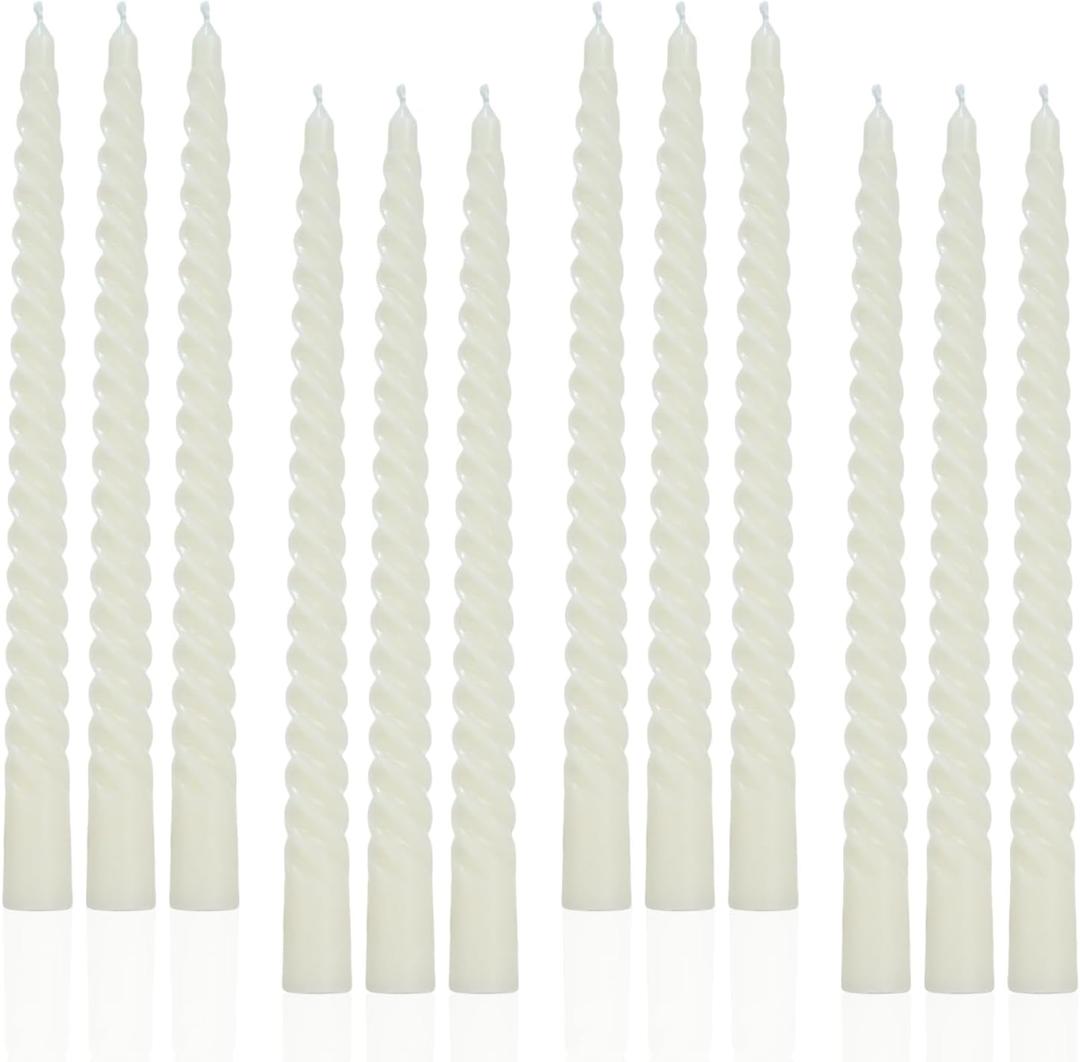 LPUSA Ivory Tall Taper Candles Spiral Candle Sticks,Unscented Pastel Candle for Holiday,Wedding and Home Decoration,10inch,12 Pack(EIvory)