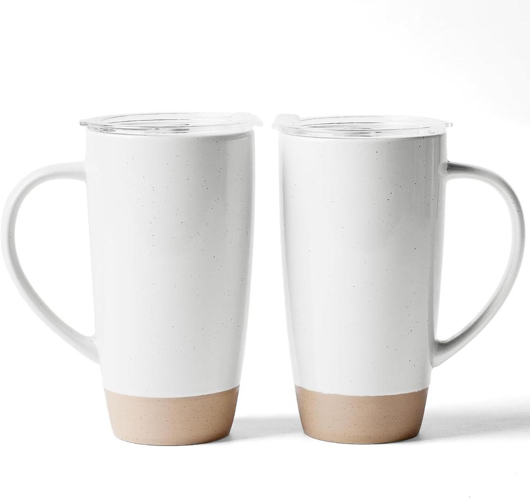 famiware Milkyway Coffee Mugs, 20oz Large Coffee Mug, Ceramic Mug Set of 2 with Lid, Cup Set with Handle for Latte, Tea, Cocoa, Milk, Home & Office, White