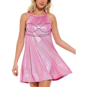ANYFITTING Women's Built in Bra Sparkly Sequin Holiday Mini Short Dress Halter Y2k Concert Loose Fit Dresses 2024, S