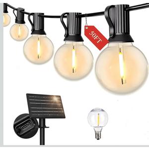 Yuusei 100 FT Solar String Lights Outdoor, Patio Lights for Outside with 50+2 Shatterproof LED Bulbs, Solar Powered with USB Port, Waterproof Solar Hanging Light for Backyard Porch 2700K Warm White