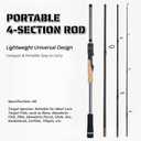 4-Piece Travel Baitcasting Rod – Portable Ultralight Lure Fishing Rod, ML Action, Short Pack Length, Cork Handle, Ceramic Guides for Freshwater & Saltwater, Standard