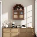 RUSTOWN Arched Bathroom Wall Cabinet, Rattan Medicine Cabinet with 2 Glass Doors, Farmhouse Over the Toilet Storage Cabinets with Adjustable Shelves, 3-Tier Wall Mounted Cabinets