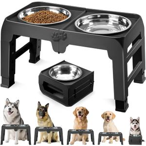 Elevated Dog Bowls for Large Dogs 5 Adjustable Heights 7.5"-15.4", 2 X-Large 10 Stainless Steel Bowls, Heavy Duty Raised Dog Bowl Stand Foldable Pet Feeder for Dogs Shoulder Height Over 15, Black