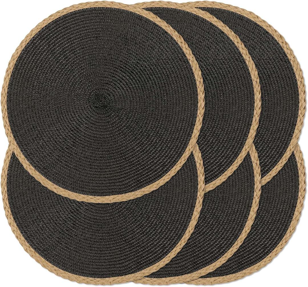 Noctiflorous Round Placemats Set of 6, 15 Inch Braided Hand Woven Table Mats, Heat Resistant Non-Slip Wipeable Thin Edge Place Mats for Kitchen Dining Indoor Outdoor Use (Black, 6)