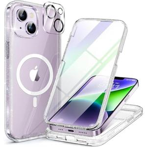 Miracase Glass Series Designed for iPhone 14 Plus Case 6.7 inch, 2023 Upgrade Full-Body Magnetic Clear Case with Built-in 9H Tempered Glass Screen Protector,Compatible with MagSafe,Clear Glitter