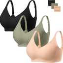habibee Bra for Women No Underwire Comfort Seamless Bras Push Up Wireless Bras Full Coverage Bralettes, Bra Extender (Large, Black+nude+green)