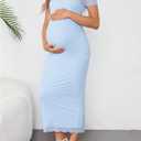 OYOANGLE Women's Maternity Dress Sheer Short Sleeve Crew Neck Bodycon Long Dresses (Blue, L)