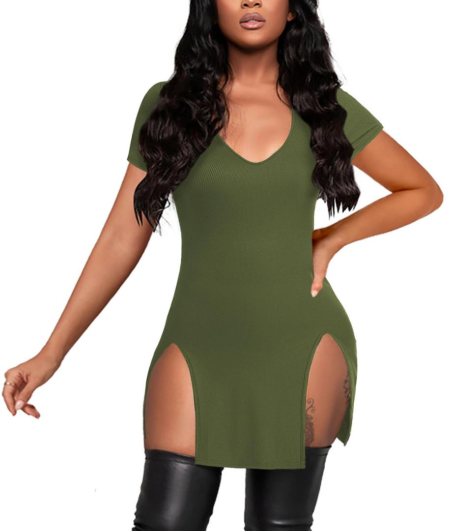 Rooscier Women's V Neck Sexy Bodycon Dresses Split Side Short Sleeve Going Out Mini Dress Army Green Large (Green, L)