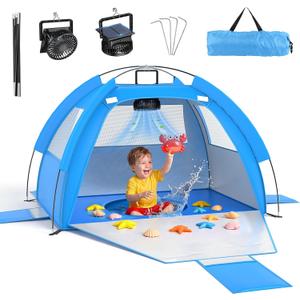 Baby Beach Tent Solar Cooling Fan, Anti-UV Toddler Beach Tent Sun Shelter Portable Travel Fan Beach Shade Tent, Baby Play Tent Built-in Ceiling Fan Sun Shelters Toddler Beach Essentials Blue