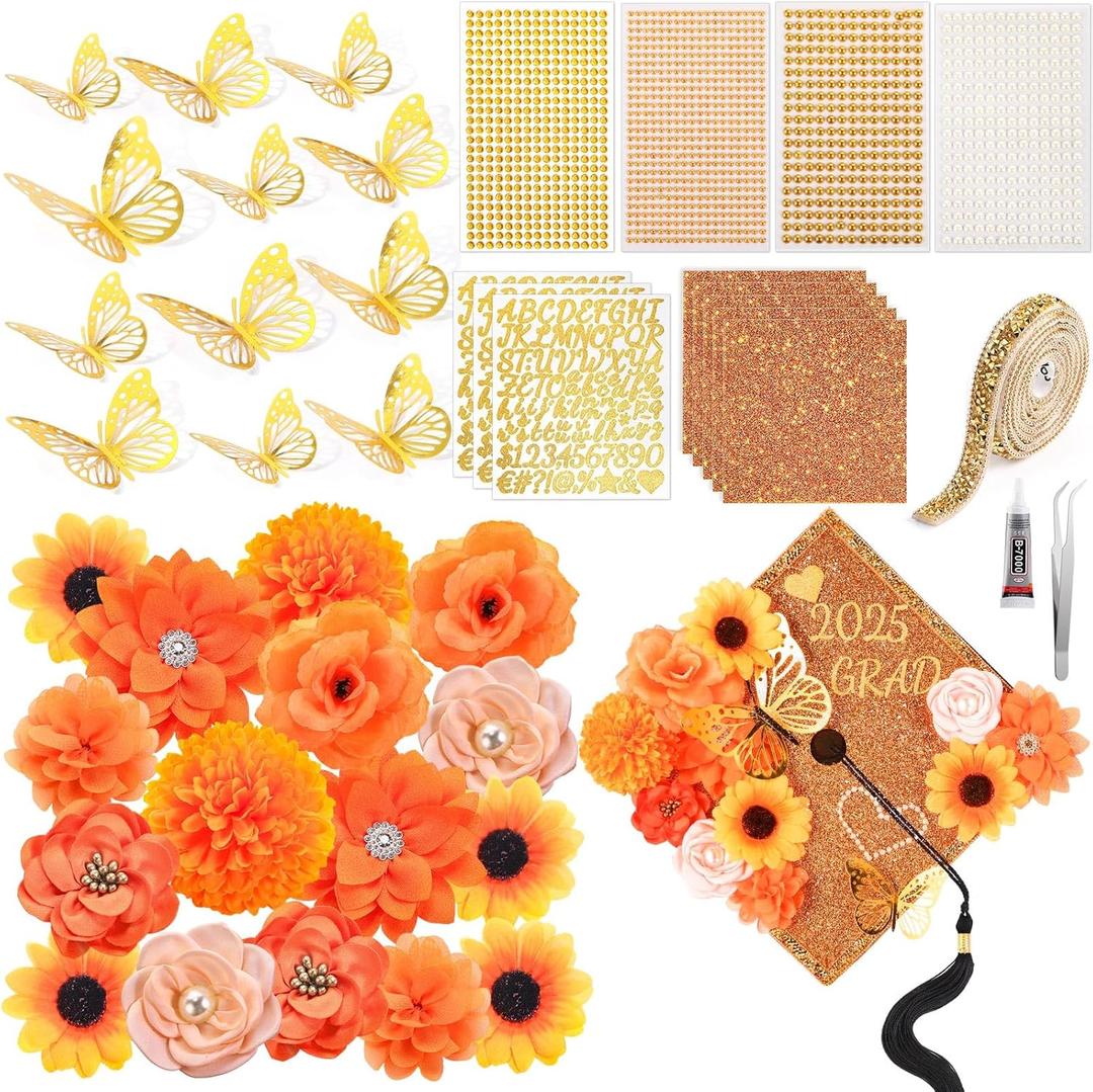 Wavwavw 43 PCS DIY Graduation Cap Decorations Kit, Grad Cap Decorations Included Faux Flowers 3D Butterfly Self Adhesive Rhinestones Stickers Alphabet Letter Stickers for Grad Party Decor(Orange) Wavwavw 43 PCS DIY Graduation Cap Decorations Kit, Grad Cap Decorations Included Faux Flowers 3D Butterfly Self Adhesive Rhinestones Stickers Alphabet Letter Stickers for Grad Party Decor(Orange)