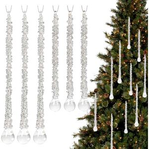 Set of 6 Glass Icicle Ornaments for Christmas Tree Silver Glass Water Final Drop Hangings with Rhinestone Decor for Winter Wedding Party