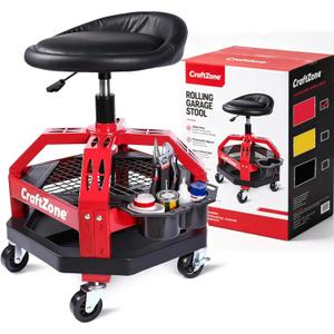 Rolling Shop Stool with Wheels, Adjustable Height 360 Swivel, Storage
