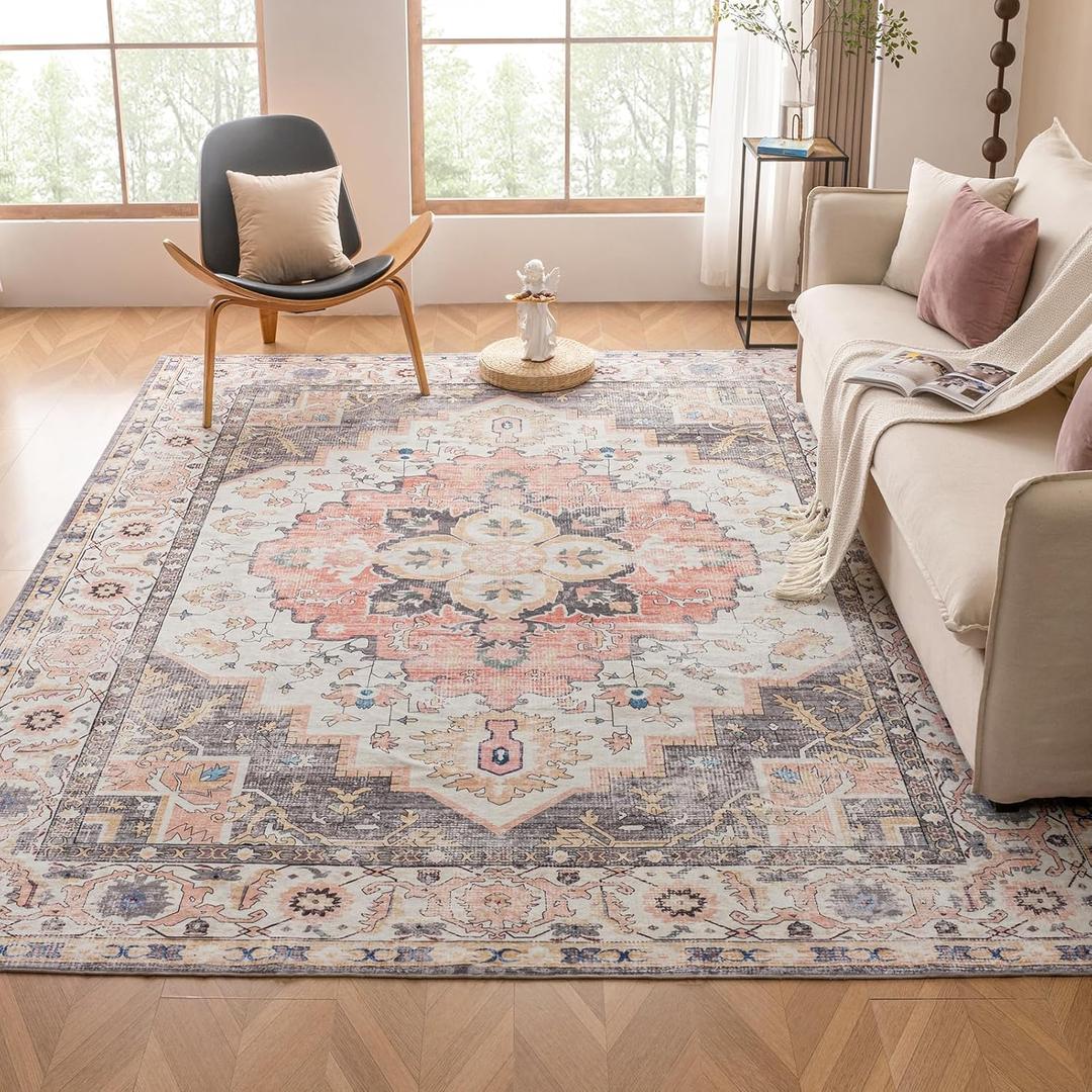 VK VK·LIVING Round Washable Rug 5'Ft Vintage Machine Washable Area Rugs with Non Slip Round Rugs for Living Room Bedroom Traditional Woven Carpet Stain Resistant Dining Office Boho Rug