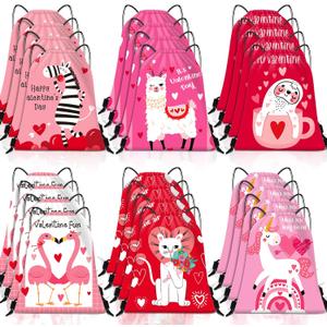 Tudomro 24 Pack Valentines Day Gift Bag Wedding Drawstring Backpack Bulk Tote Drawstring Bags for Kids Birthday Valentines Day Party, Anniversary, 9.84 x 11.81 Inch, 6 Styles