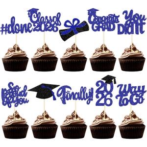 FoldTier Graduation Decorations 2026 100 Pcs Graduation Cupcake Toppers Congrats Grad Class of 2026 Cupcake Picks Toppers Diploma Supplies for Party Decorations(Blue)