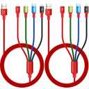 Multi Charging Cable 3.5A, [2Pack 6Ft] 4 in 1 Multiple Charging Cord Braided Multi USB Cable Adapter with Lightning/Type C/Micro Ports for Cell Phones/iPhone Series/Samsung Galaxy/PS/Tablets & More (Red)