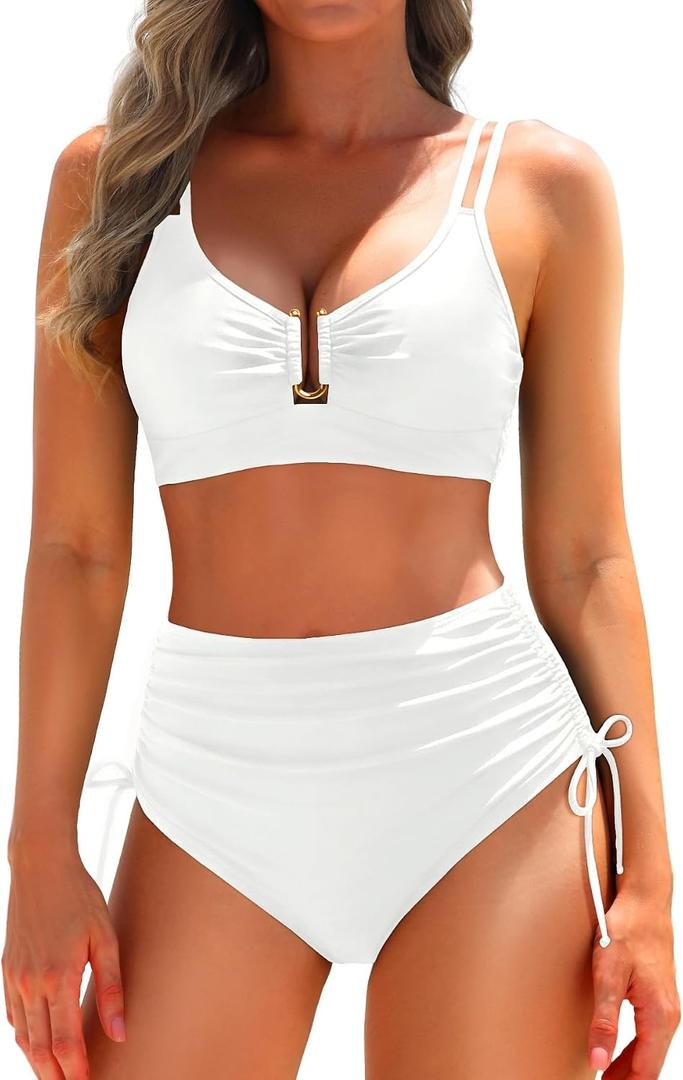 Yonique Women's Two Piece High Waisted Bikini Set Tummy Control Swimsuit Full Coverage Bathing Suit (White), Large