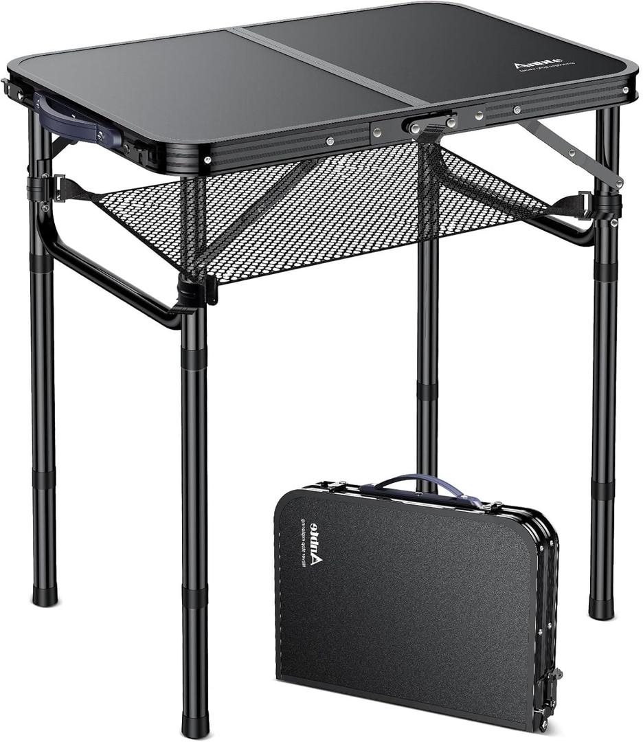 Folding Camping Table with Storage Net, Pure Black Aluminum 2ft Picnic Table 23.2" x 16" Outdoor Table Adjustable Height Max 26.4", Lightweight, Waterproof, Portable Handle for Travel Cooking
