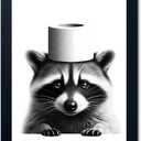 Funny Bathroom Decor Wall Art, Cute Raccoon Toilet Paper Roll Canvas Wall Decor, Humor Farmhouse Animal Wall Art, Black and White Wall Art Decor, Modern Black Frame Canvas Prints Ready to Hang 11"x14" (Ph-005)