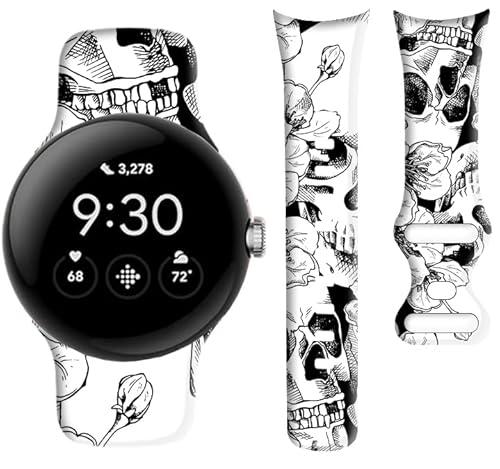 OZLNKPJL Compatible with Pixel Watch 3 41mm,Pixel Watch 2/1 Band for Women Men,Soft Silicone Sport Adjustable Replacement Strap for Pixel Watch 3/2/1 Accessories,Cool Skull Flower