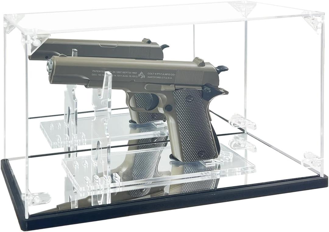 Pistol Display Case, Clear Acrylic Gun Display Case with Pistol Display Stand,Single Handgun Revolver Case with Double Mirror & Black Wood Plastic Base, Dust-Proof&UV Protection for Gun