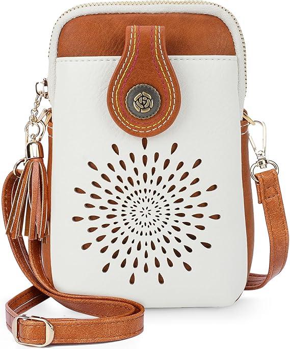 APHISON Small Crossbody Bags for Women, Lightweight Vegan Leather Cell Phone Purse, Cute Purses with Tassels, White Brown