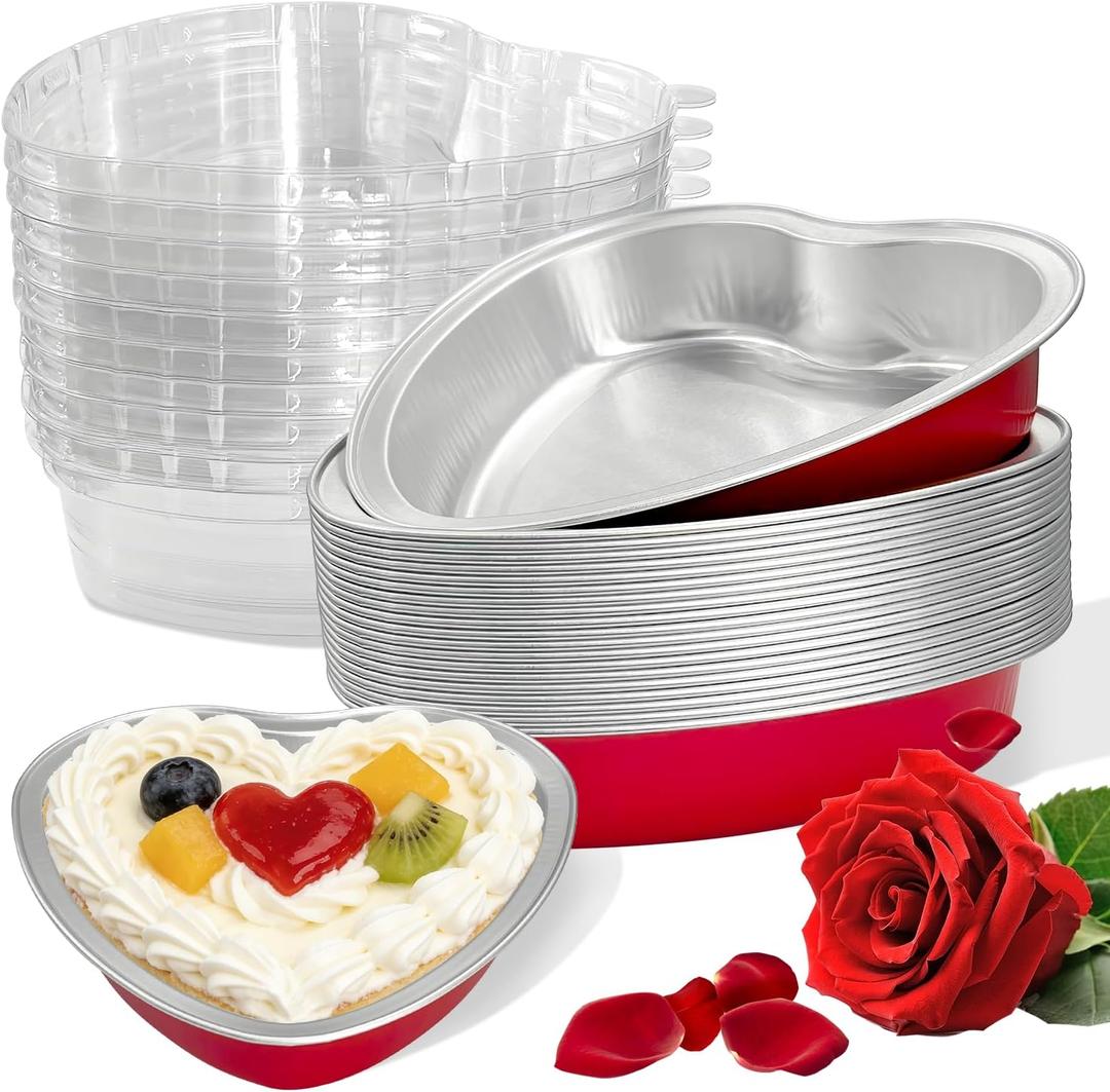 Heart Shaped Cake Pans, 20 Count Disposable Aluminum Foil Baking Tins with Lids - 7 Oz Mini Heart Muffin Pans for Cupcakes, Mother's Day, Valentine's Day, Wedding, Christmas (Red)