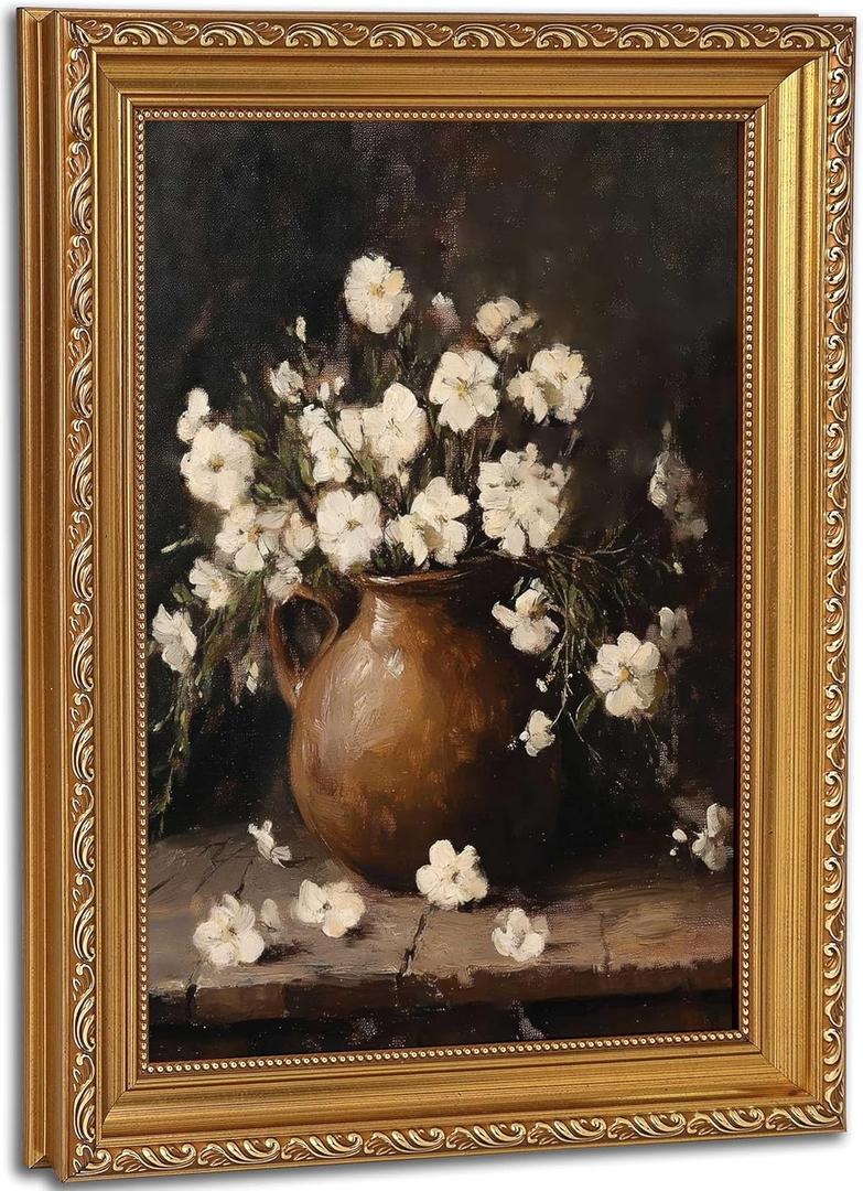 Vintage Gold Framed Wall Art for Living Room Rustic Flower Wall Decor Retro Moody White Floral Still Life Oil Painting Picture Country Floral Canvas Prints for Living Room Bedroom 16x24in