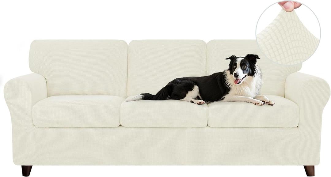 Chun YI 7 Piece Stretch Sofa Cover, 3 Seater Couch Slipcover with Three Separate Backrests and Cushions with Elastic Band, Checks Spandex Jacquard Fabric(Large,Ivory White)