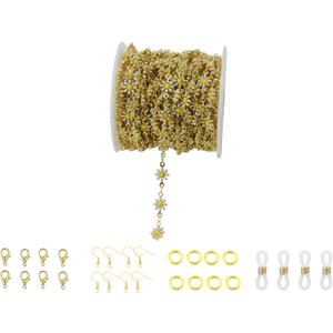PAMIR TONG Handmade Enamel Sunflower Link Chain with Golden Plated Brass Findings for Jewelry Making Glass Mask Shoes Clothes Decoration (CC02)