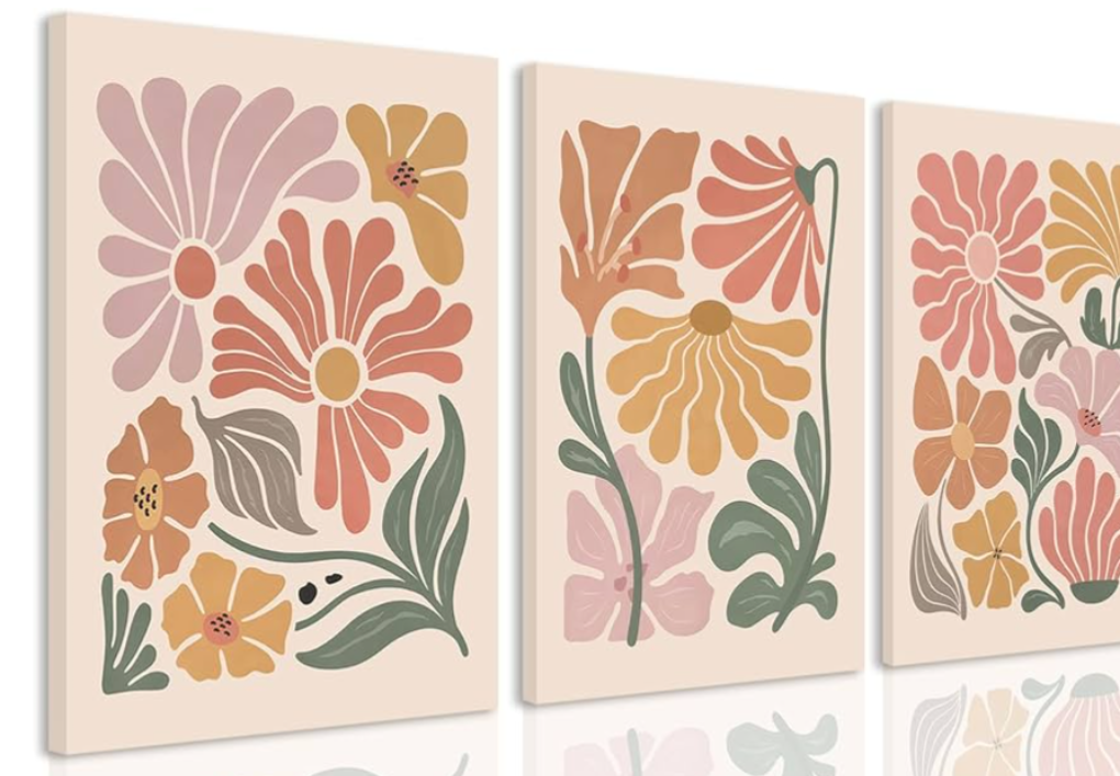 TBKHUDBI Boho Flower Canvas Wall Art Abstract Floral Pictures Prints Set of 3 Minimalist Botanical Painting Poster Flower Market Aesthetic Wall Decor for Living room Bedroom 24"x16" Framed