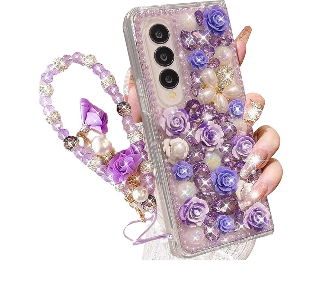 for Samsung Galaxy Z Fold 7 Bling Case,Luxury Cute Crystal Rhinestone Flowers Sparkle Glitter Diamond Pearl Women Girls Case Cover with Wrist Lanyard for Galaxy Z Fold 7,Purple