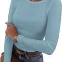 Women's Ribbed Long Sleeve Shirts Slim Fit Stretch Crewneck Basic Casual Tunic Tops, Blue, L