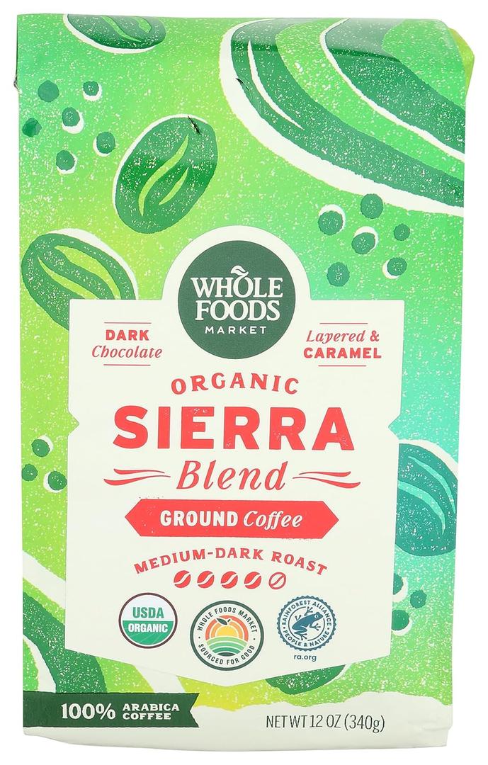 Whole Foods Market, Organic Sierra Blend Ground Coffee, Medium-Dark Roast, Dark Chocolate & Caramel, 12 Ounce, Best if Used By 07/14/2025