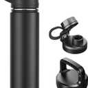 CIVAGO 24 oz Insulated Water Bottle With Straw, Stainless Steel Sports Water Flask Cup with 3 Lids (Straw, Spout and Handle Lid), Double Walled Travel Thermal Canteen Mug, Black