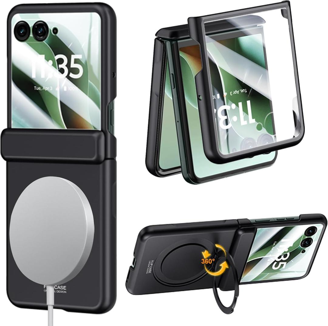 for Motorola Razr Ultra 2025 Case with MagSafe, Built-in 360 Magnetic Rotatable Ring Stand, Screen Protector & Hinge Protection, Thin & Slim Magnetic Stand Phone Case 5G, Black