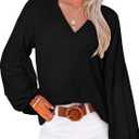 SHEWIN Blouses for Women Dressy Casual Solid Lantern Long Sleeve Boho Tops Loose V Neck Spring Shirts Trendy Fall Clothes for Women 2025,US 4-6(S),Black