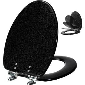 Angol Shiold Black Resin Toilet Seat Elongated Soft Close Quick Release Heavy Duty Toilet Seats with Black Glitter Cover Acrylic for Bathroom (Elongated 19Inch, Black Starlight, Upgraded hinge)