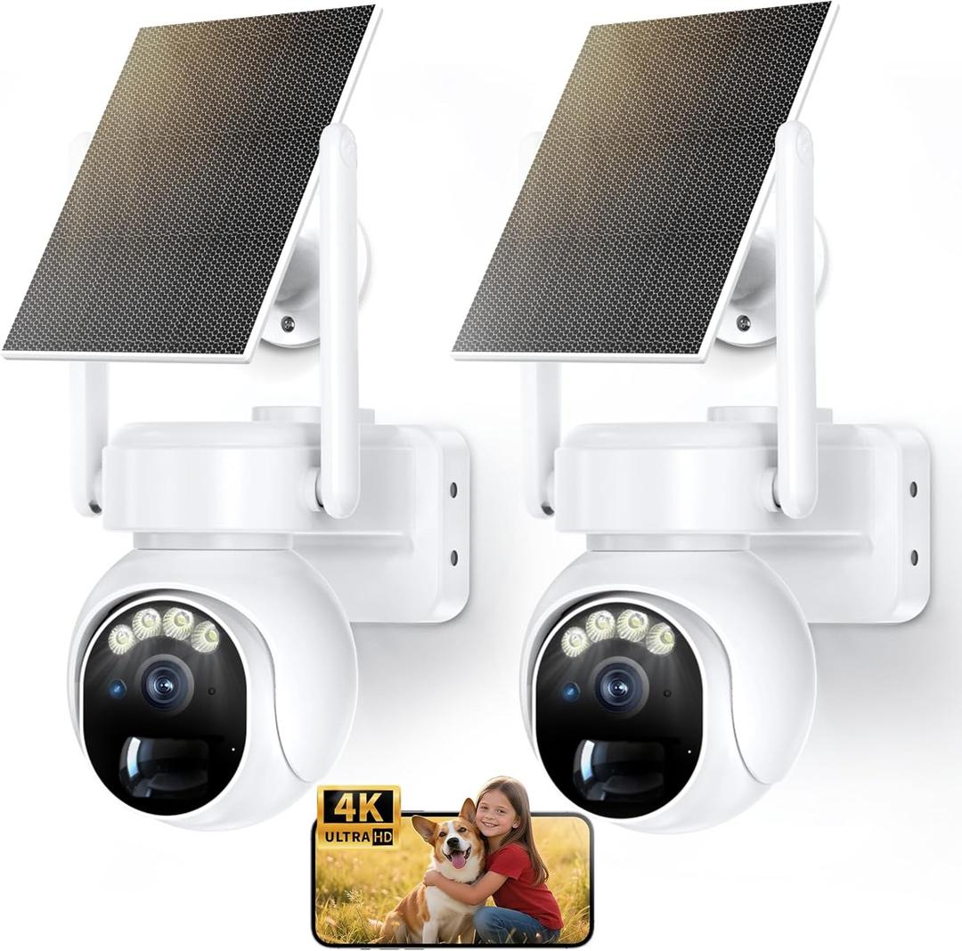 Security Cameras Wireless Outdoor 4K WiFi Cameras for Home Security with Solar/Battery Powered,360° PTZ Outdoor Camera, Color Night Vision,PIR Human Detection, 2Way Audio, Motion Alert, IP66（2Pack）