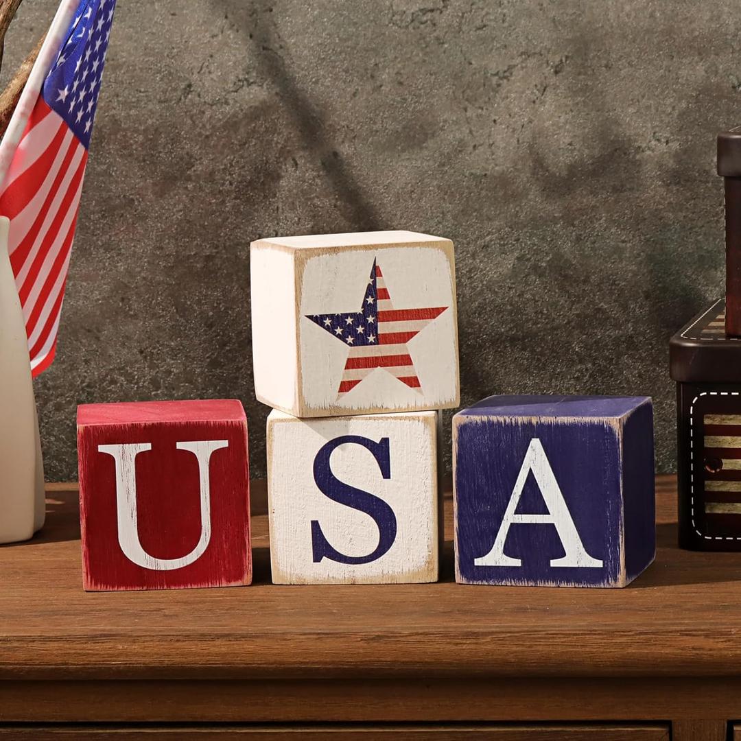 4th of July Decorations, 4Pcs USA Star Wooden Sign, Patriotic Decorations Rustic Farmhouse Table Decorations for Independence Day Gift Party Table Tired Tray Decor