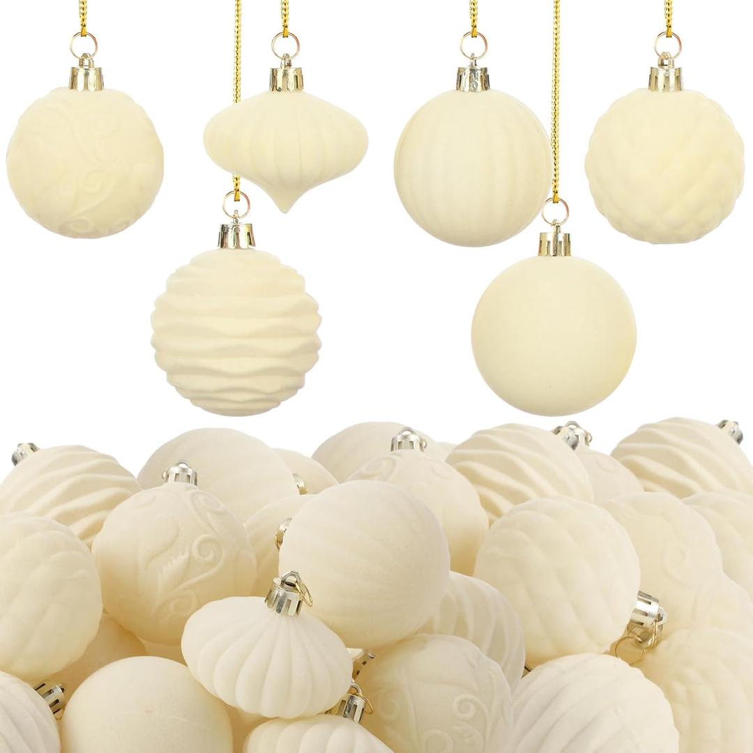 Soulchen Velvet Ball Ornaments for Christmas Tree 2.36 Inch Cream White Flocked Hanging Ornament for Christmas Tree Decorations Holiday Party Accessories