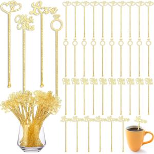 Reallnaive 150 Pcs Plastic Swizzle Sticks 7.5 Inch Wedding Cupcake Toppers Valentine's Day Gold Glitter Cocktail Drink Stirrers Reusable Drink Stirrers for Beverage Coffee Wedding Party Favor