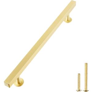 QOGRISUN 2-Pack Solid Brass Cabinet Handles, Gold Square T Bar Cabinet Pulls,8-3/4 Inch Hole Center for Kitchen Dresser Drawer Cupboard, Brushed Brass Finish