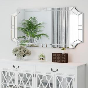 Chende 24"x47" Large Rectangular Mirror for Wall, Elegant Living Room Mirror with Glass Frame, Modern Stunning Scalloped Corner Beveled Edge, Entrance, Home Office, Bedroom Wall Decor