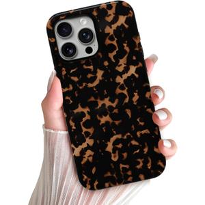 Skyseaco Compatible with iPhone 16 Pro Case Aesthetic Brown Amber Leopard Print Tortoise Shell Phone Case, Shockproof Soft TPU and Hard Back Protective Case, Black & Brown