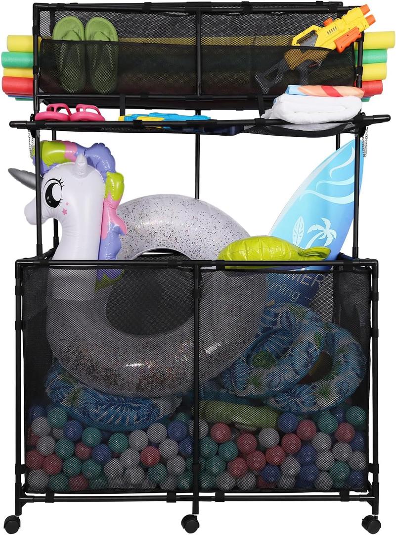 425 Gallon Pool Storage- for Outdoor, Pool & Patio, Holds Noodles, Goggles, Floats & Balls, with Mesh Pockets, Noodle Holder, Towel Drying Function & Rolling Wheels, 2 Sizes (Medium)